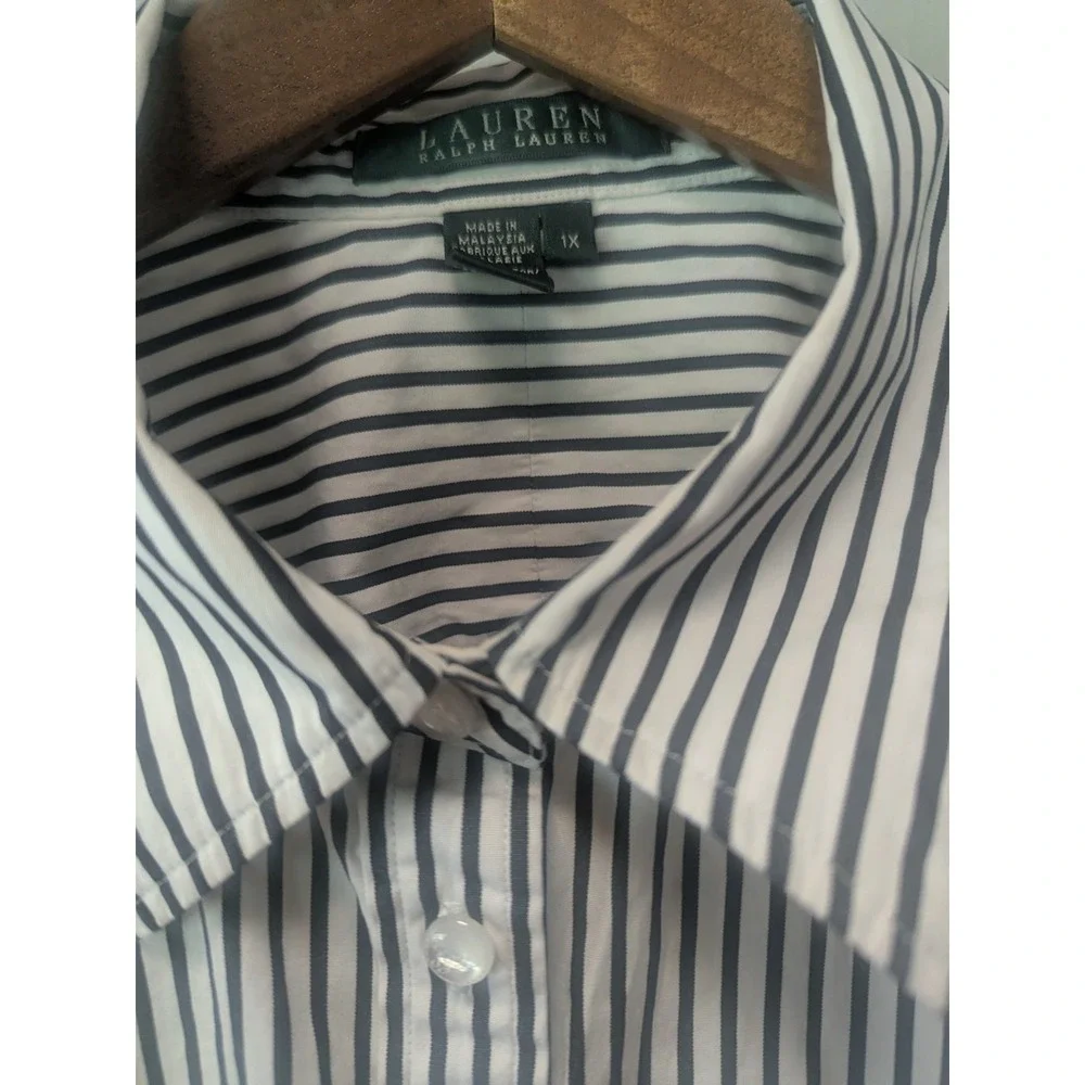 Lauren Ralph Lauren Womens 1X Blue White Striped‎ Cotton Button Front Shirt